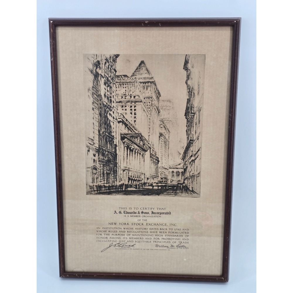 Vintage NYSE Member Certificate A. G. Edwards & Sons Framed Wall Street Art
